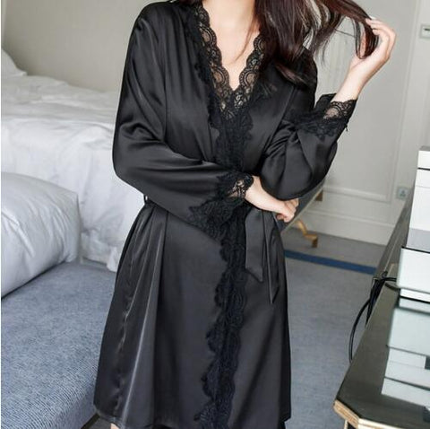 Women's Satin Silk Woman Lace Robe